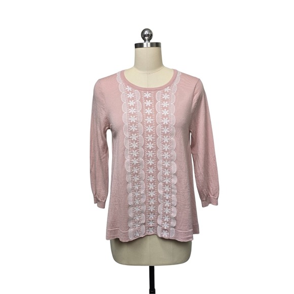 J. Crew Sweaters - J. Crew Pink Lace Front 3/4 Sleeve Knit Sweater Top Women's Medium